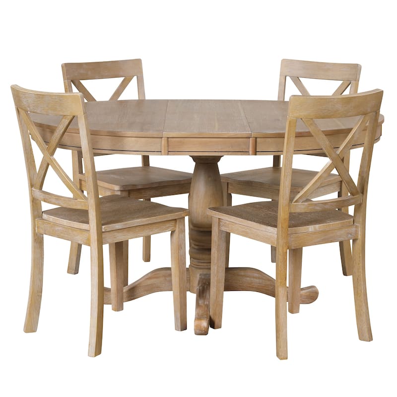 5 Piece Wood Dining Table Set, Kitchen Dining Table Set with Extendable Round Dining Table and 4 Chairs with Backrest