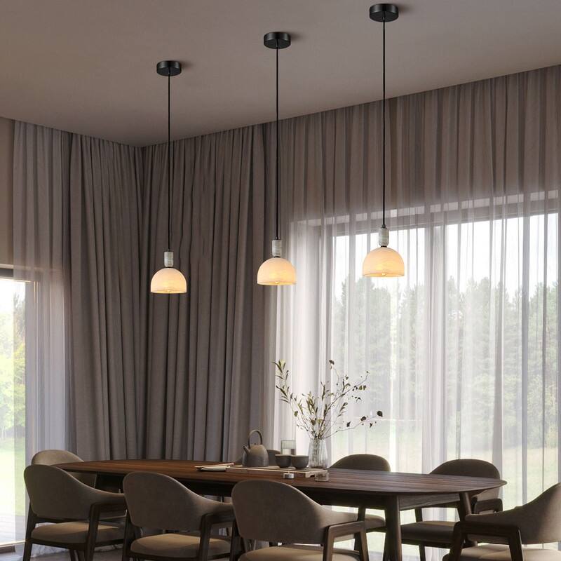 KAYLA Nordic Pendant Light Fixture - Round Alabaster Hanging Lamp with Brushed Brass Finish for Kitchen Island, Dining Room