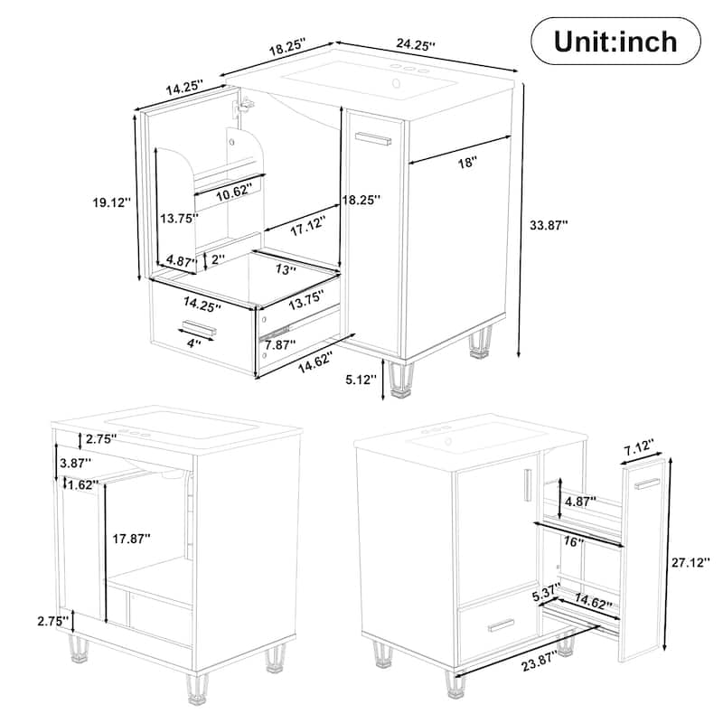 Roomfitters 24" Compact Bathroom Vanity with Ceramic Sink, Solid Wood Frame, 2-Tier Pull-Out Basket and Deep Drawer, Grey
