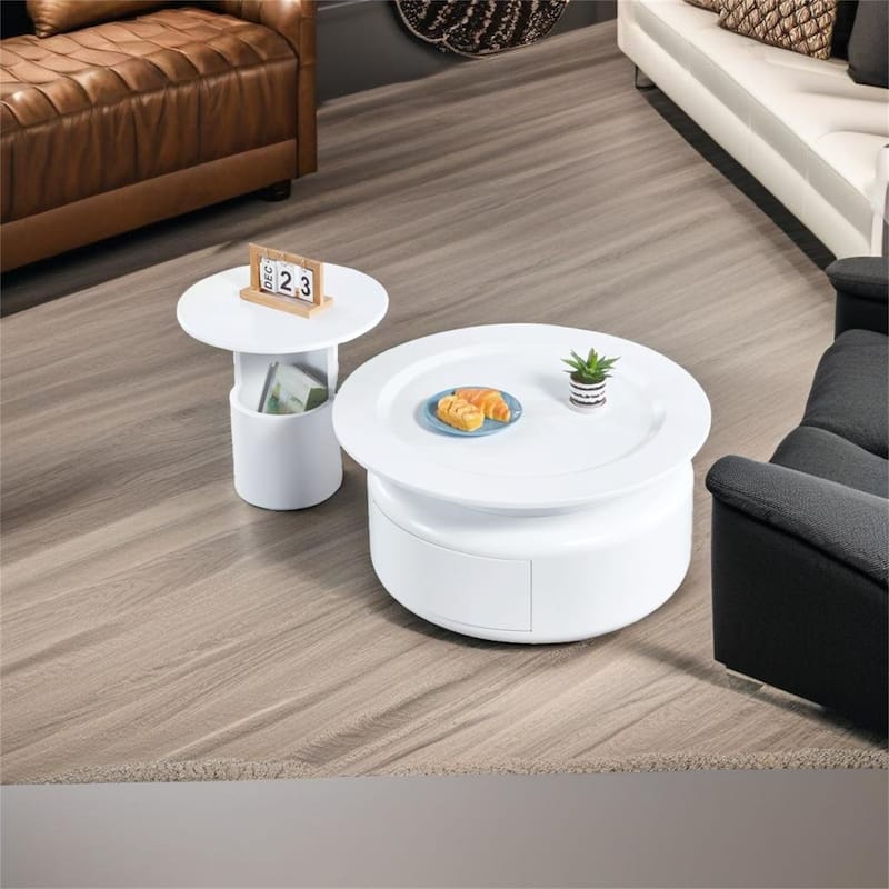 2 Pieces White MDF Round Coffee Table Set - White