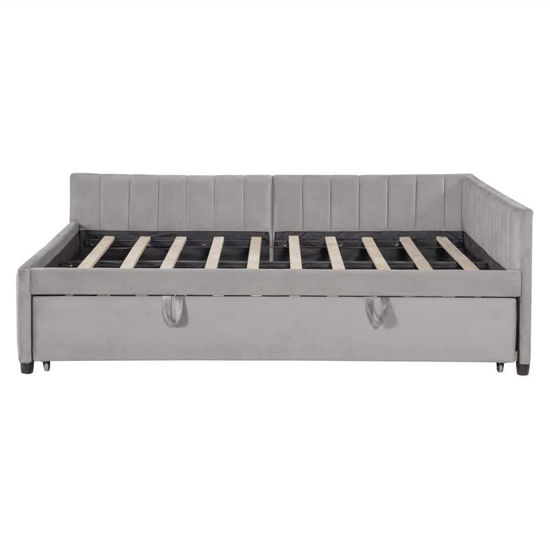 Upholstered Daybed with Twin Size Pop Up Trundle, Full Size Daybed Frame Sofa Bed with L-Shaped Backrest and Striped Design