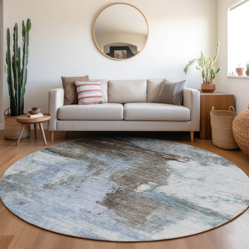 Machine Washable Indoor/ Outdoor Contemporary Abstract Chantille Rug - Blue - 8' x 8'