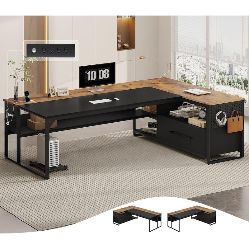 Executive Desk L Shaped Desk File Drawers Power Outlets Computer Desk