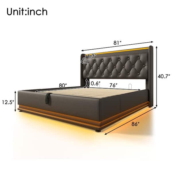 dimension image slide 3 of 8, Lift Up Storage Platform Bed with USB Ports on Linen/PU Upholstered Headboard, 360° LED Low Profile Bed Frame, Remote Control