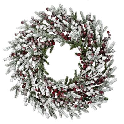 Fraser Hill Farm 25-In. Flocked Wreath Door or Wall Hanging - with Berries - 2 Foot