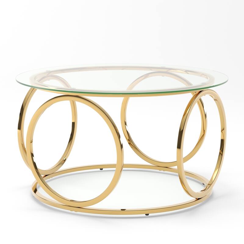 31.5" Modern Round Glass Top Coffee Table with Circular Metal Frame
