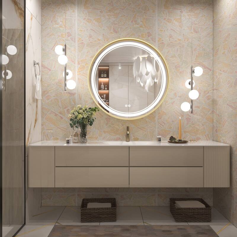 KEONJINN Round LED Front Light Bathroom Vanity Wall Mirror 3 Colors, Anti-fog, Metal Frame