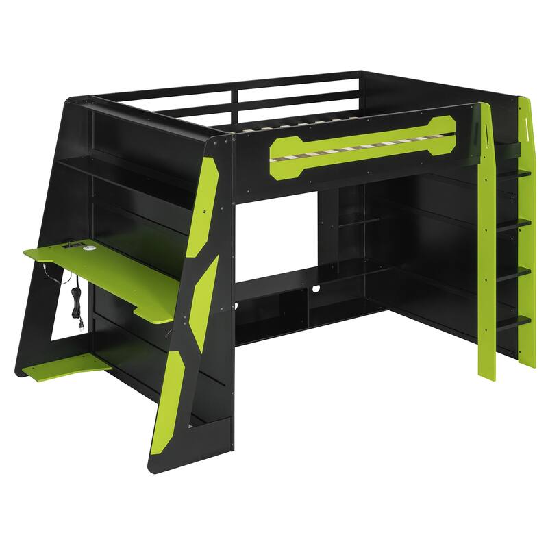 Full Size Esports Gaming Loft Bed Wood Frame Loft Bed with All-in-one Work Play Desk, Bookcase and RGB Ambient Light