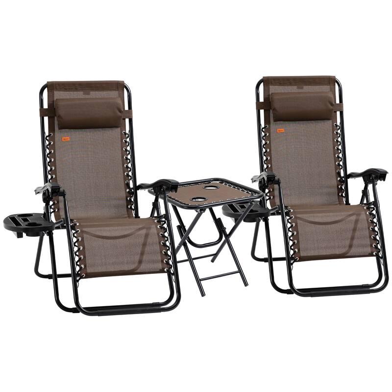Outdoor Zero Gravity Chairs with Side Table, Set of 2 Folding Reclining Chairs with Cupholders & Pillows - Brown