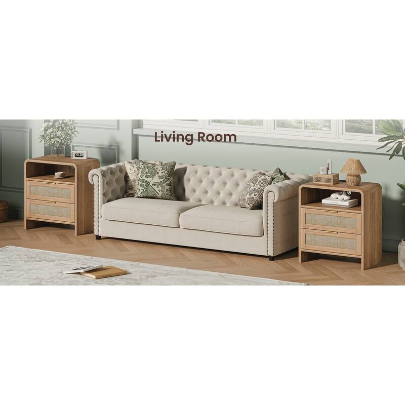 22.8" Rattan Nightstand with Charging Station, 2 Drawers & Open Shelf, Curved Modern Bedside Table