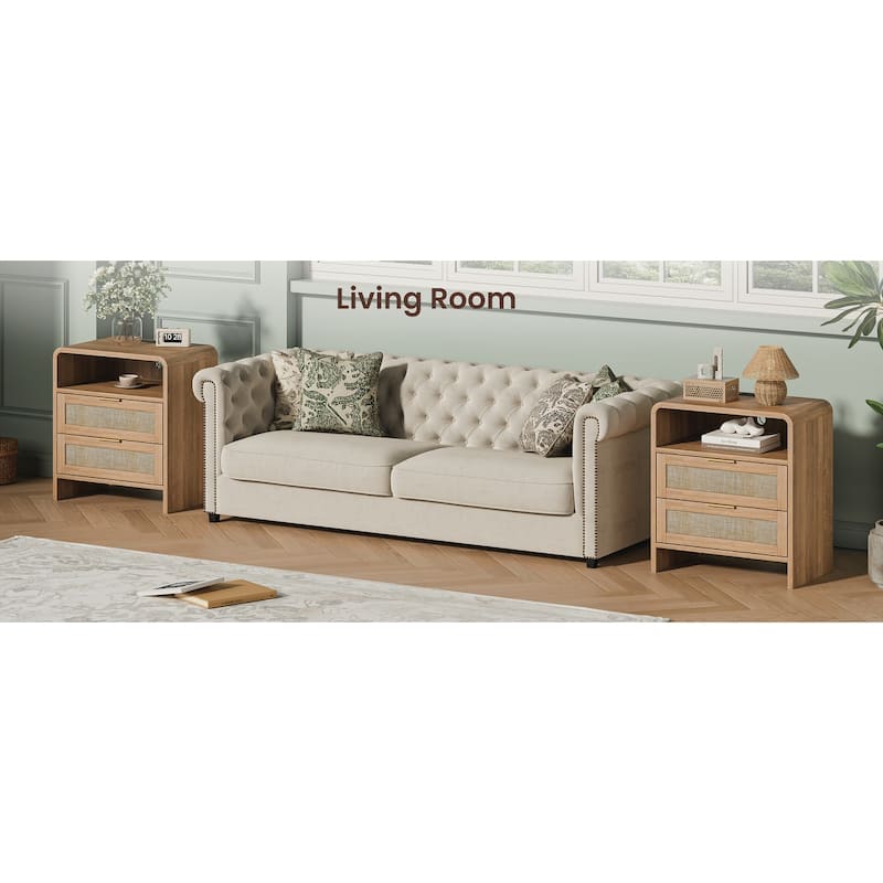 Rattan Nightstand with Charging Station Set of 2, 2 Drawers & Open Shelf, 22.8"Wide Curved Wooden Bedside Table