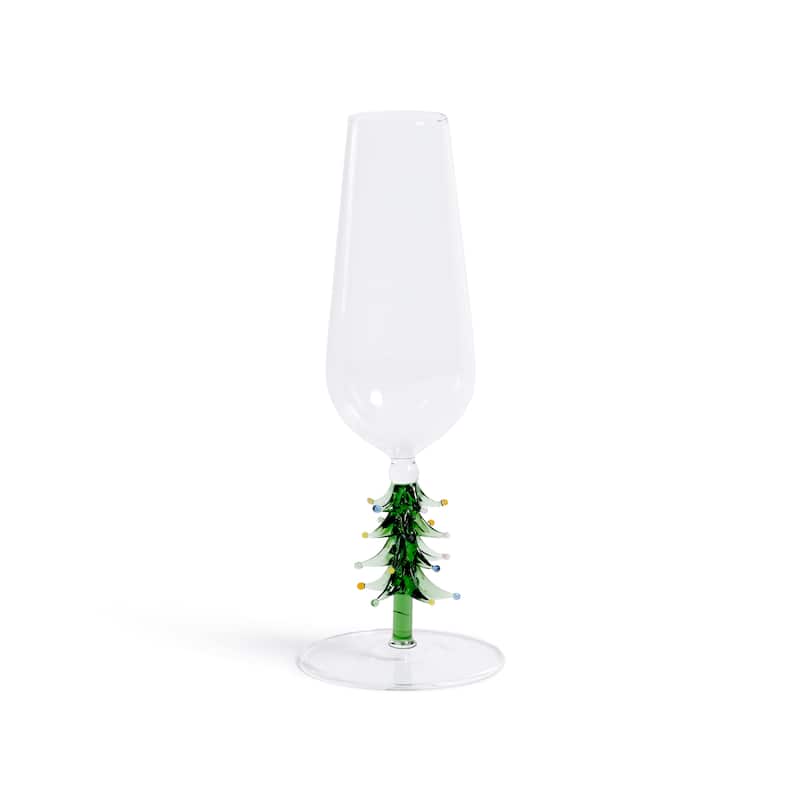 Treetop Cheers Glass Champagne Flutes - Holiday Stemware, Set of 4 - Green