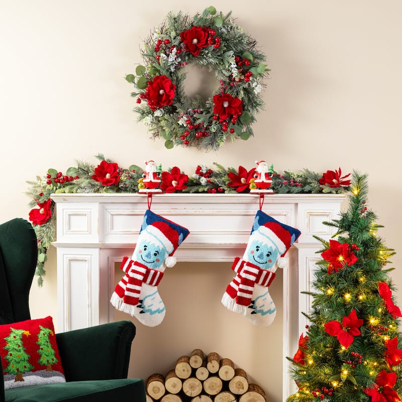 Glitzhome 21"L Hooked Yeti Gingerbread House Stocking with Gingerbread Man Ornament
