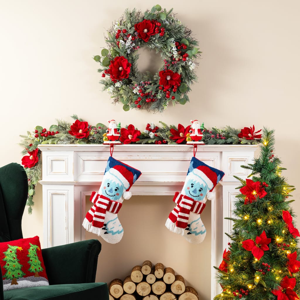 Glitzhome 21"L Hooked Yeti Gingerbread House Stocking with Gingerbread Man Ornament