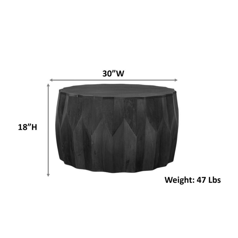 Facet 30" Diamond Carved Round Mango Wood Coffee Table - Elegant Cylindrical Base, Walnut Finish Accent Table