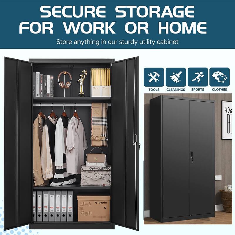 Metal Armoire, Wardrobe Cabinet with Hanging Rod and 1 Shelf Metal Storage Locker Clothes Organizer Closet - 70"H