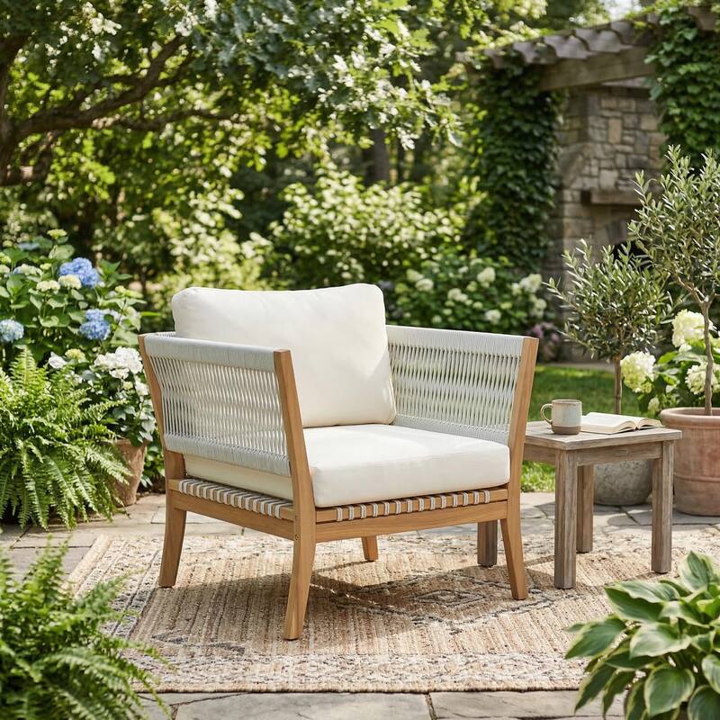 Christopher Knight Home - Modern Outdoor Acacia Wood Patio Lounge Chair with Woven Rope Accents and Weather-Resistant Cushions - Natural+Beige - 1-Piece