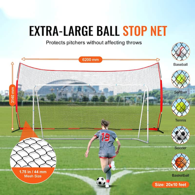20 x 10 Feet Portable Ball Sports Barrier Protecting Netting with Carry Bag and Steel Pipe Base