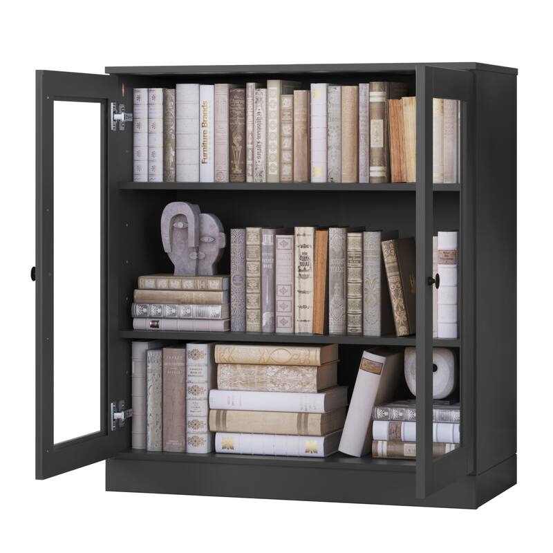 Palace Imports 100% Solid Wood 3-Shelf Bookcase, Clear Glass Doors, Adjustable Shelves, 32" Wide, 35.75" Tall
