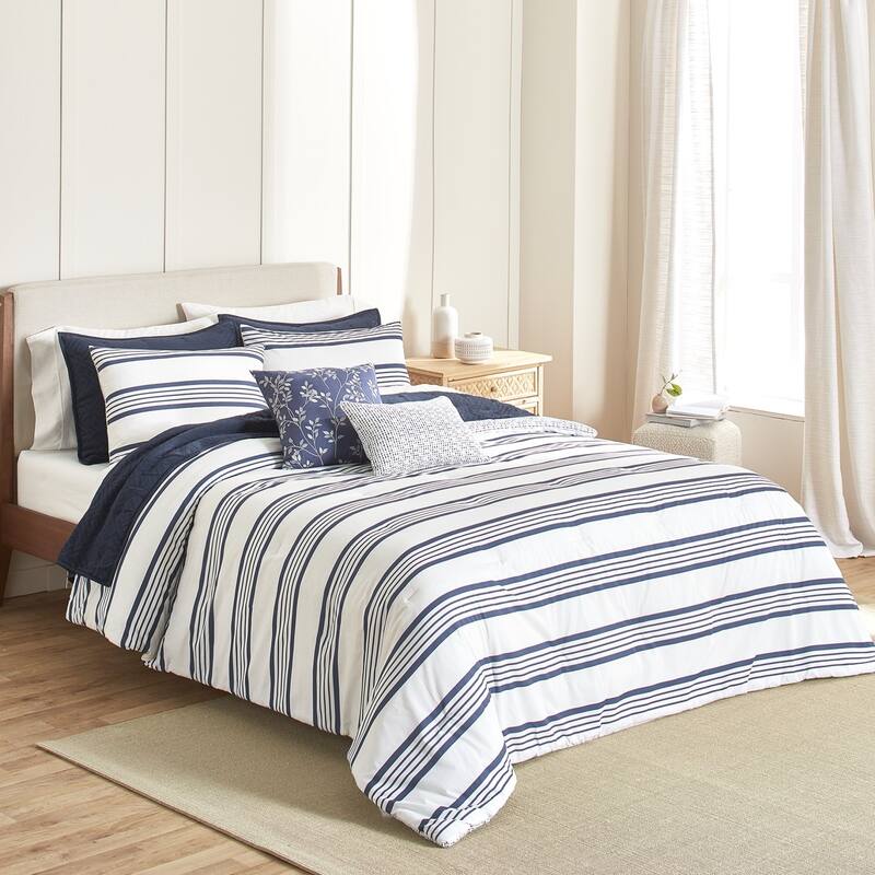 Anne Klein Archer Stripe Cotton Blend Reversible 5-Piece Comforter Set