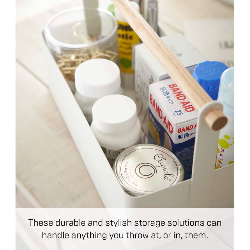 Yamazaki Home Storage Caddy - 2 Sizes, Steel and Wood, Small/Large - L 5.12 x W 11.42 x H 6.3 inches