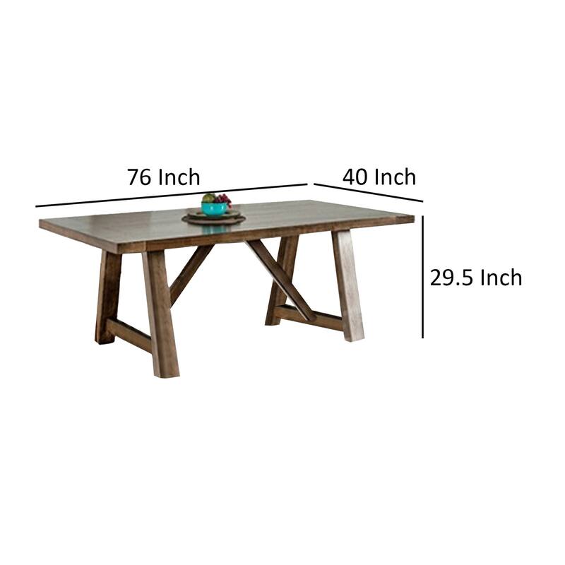 Jule Dining Table, 76 Inch Rectangular Top, Trestle Base, Brown Solid Wood