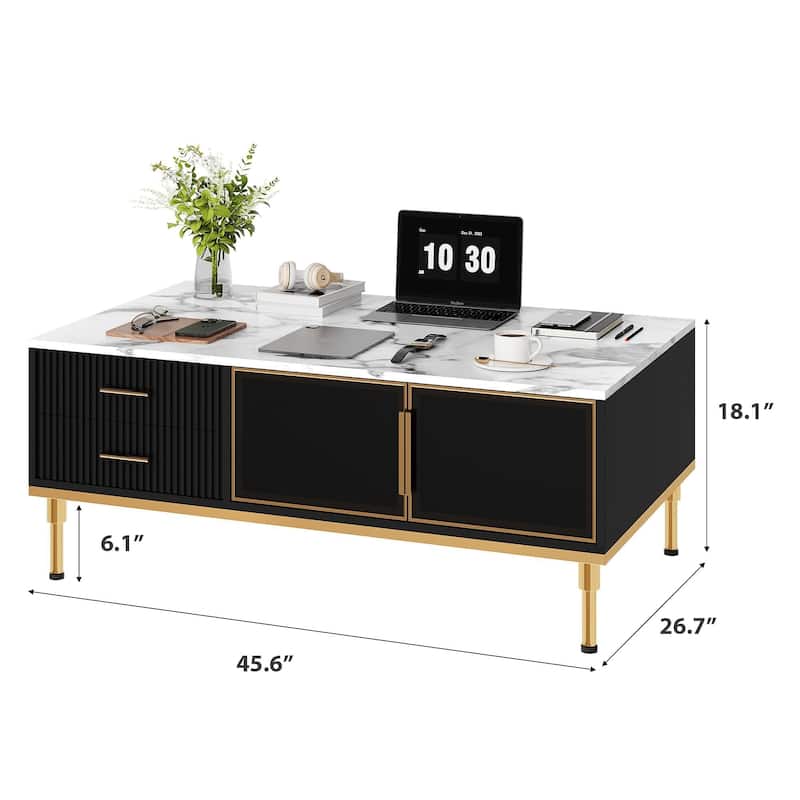 Minimalist Coffee Table with Faux Marble Surface, Glass Storage Doors
