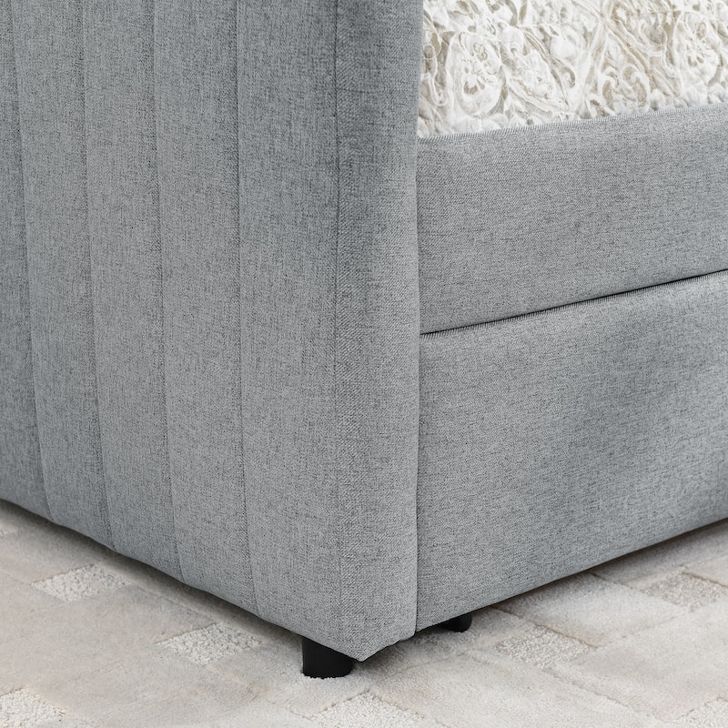 Queen Size Daybed with 2 Drawers Trundle Upholstered Sofa Bed with Vertical Stripes Linen Fabric, Grey