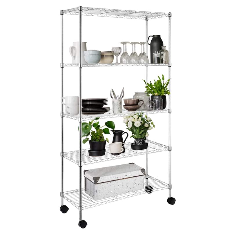 5-Tier Chrome Storage Cart with Smooth Wheels and Mesh Shelves for Home Office and Shop Storage