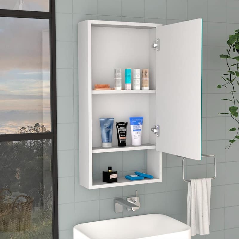 35" Tall Medicine Cabinet with One External Shelf, Two Interior Shelves, Single Door Design, Large Mirror