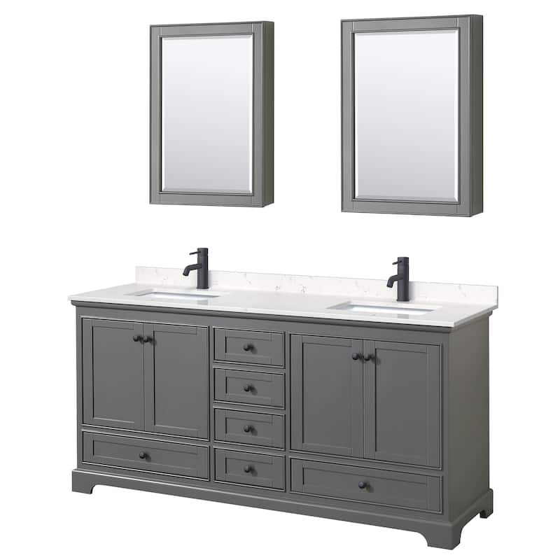 Deborah 72-inch Double Vanity, Cultured Marble Top, Medicine Cabinets - Dark Gray, Black Trim, Carrara Cultured Marble Top
