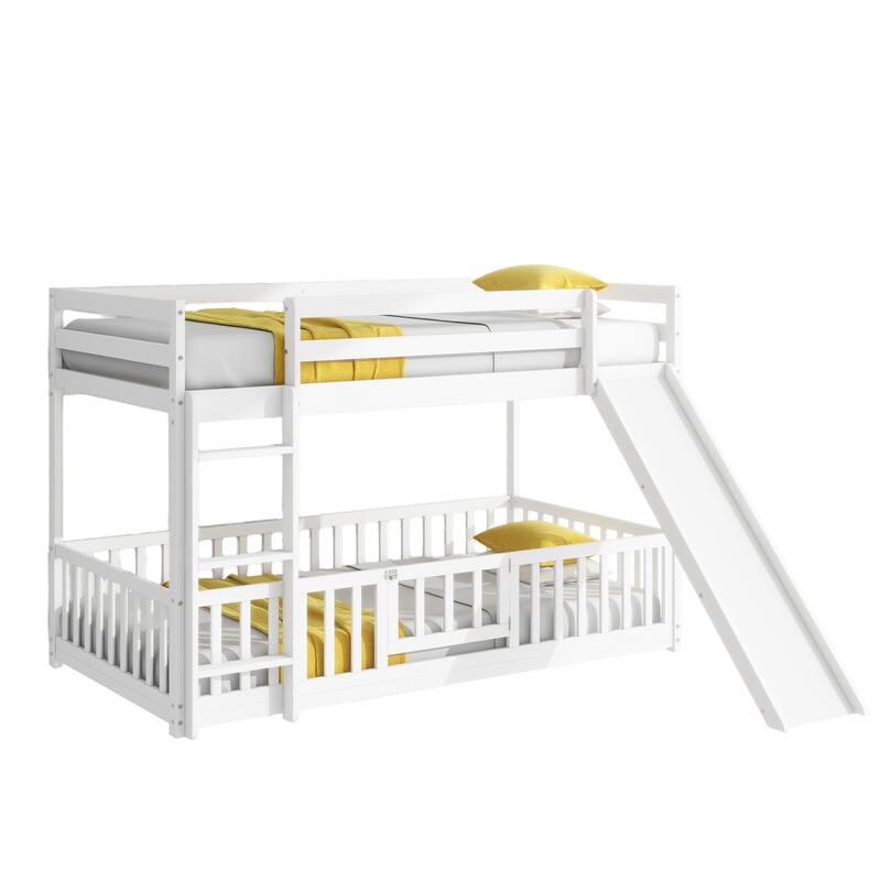 Twin Over Twin Low Pine Wood Bunk Bed with Guardrails, Slide and Ladder for Kids, No Slats Toddler Floor Bed with Fence and Door