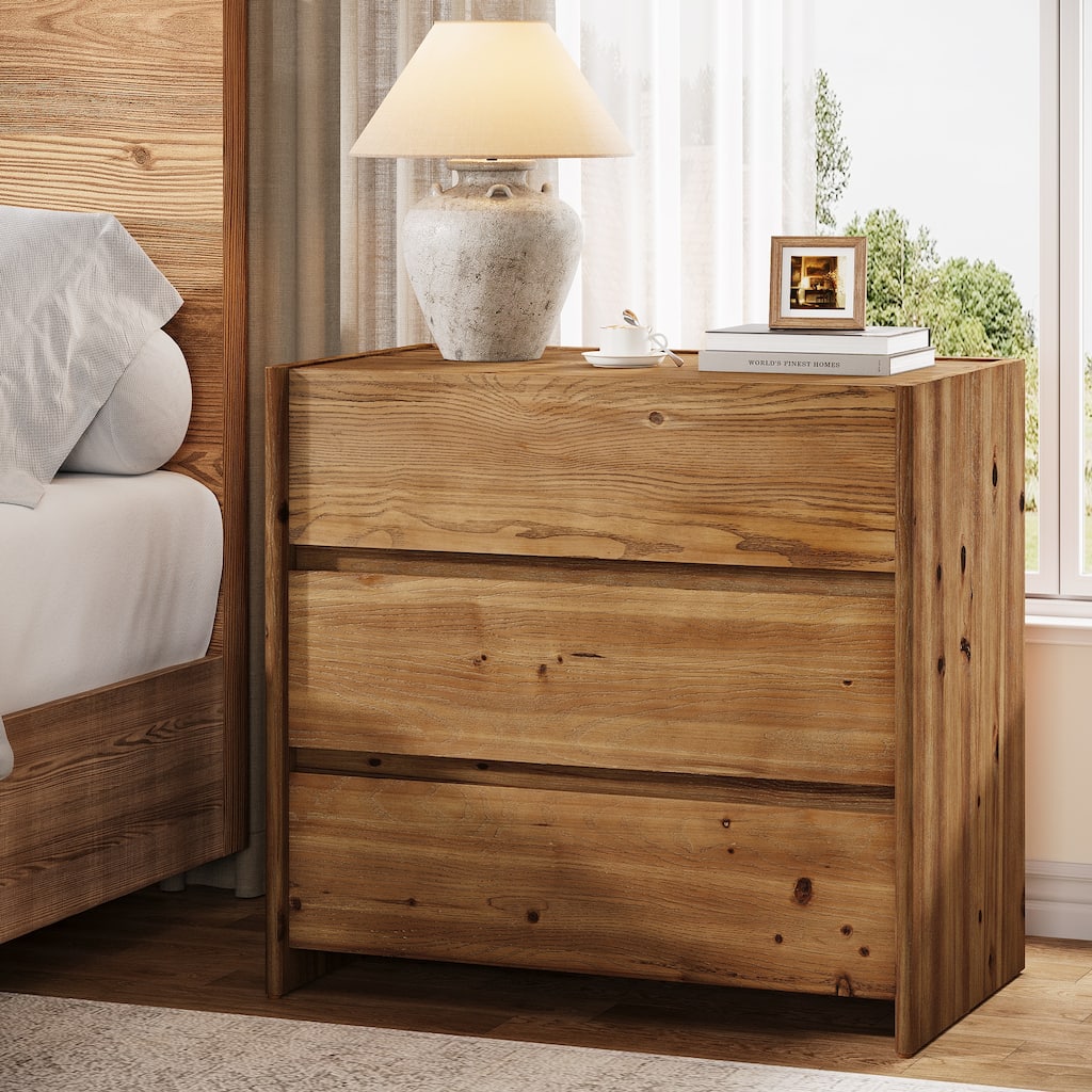 31.5" Oversized Solid Wood Nightstand with Drawers, Bedroom Bedside Accent Storage Cabinet