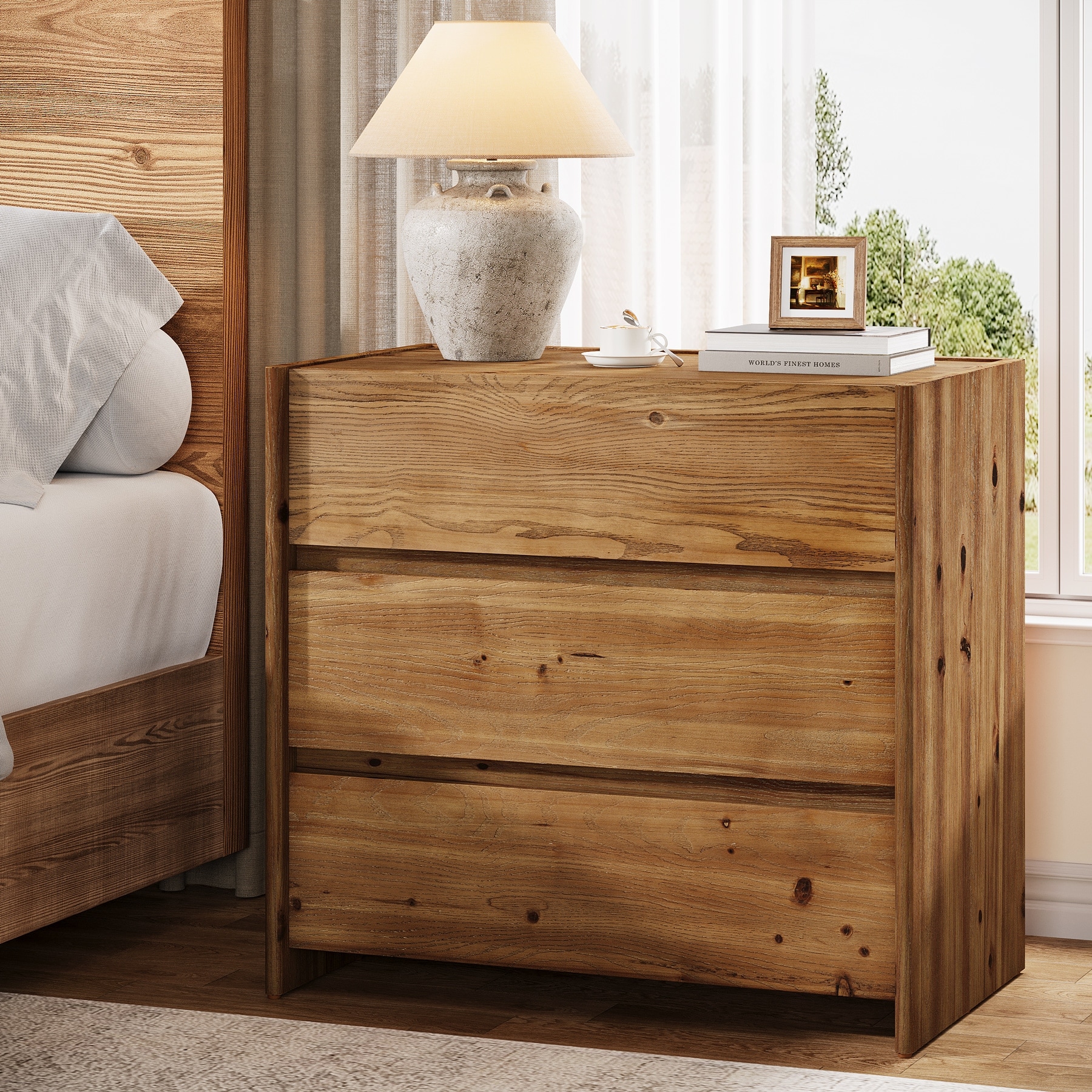 Solid Wood Nightstand, 31.5-Inch Wide Farmhouse Night Stand