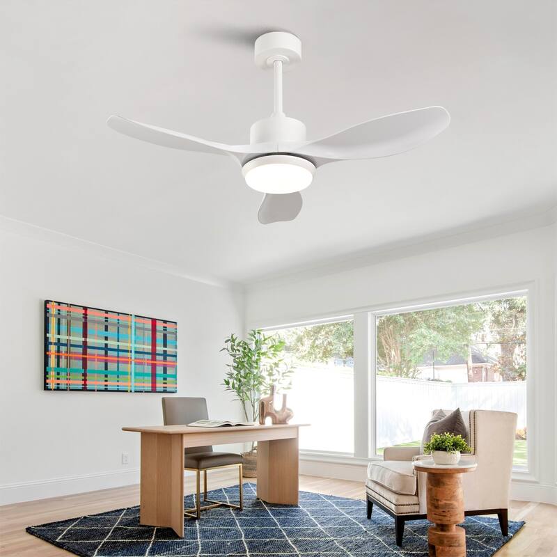 42-Inch Modern White Ceiling Fan With Light, Featuring 3 ABS Plastic Blades, Remote Control Operation - White Marble