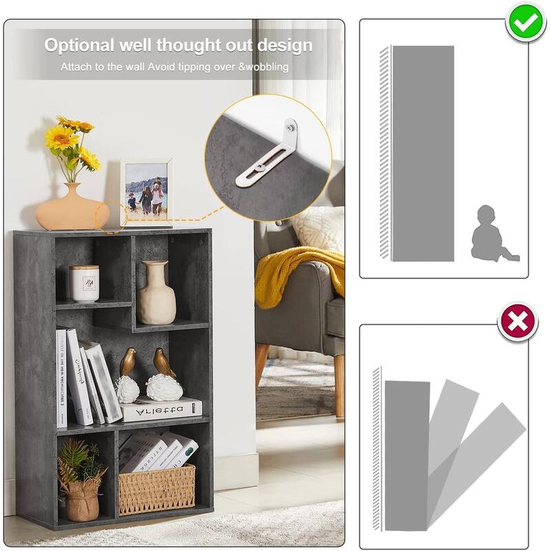 VECELO Widened Version, 3-Tier Five Open Cube Wooden Bookcase Organizer, Bookshelf, Book Storage