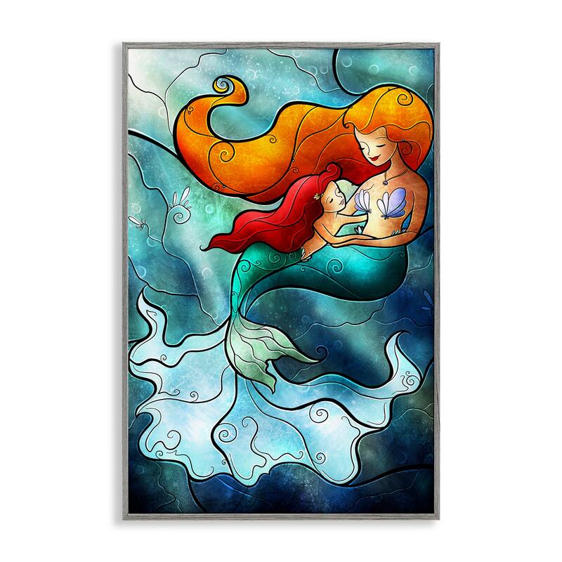 Stupell Mermaid & Child Stained Glass Style Framed Giclee Art Design By Mandie Manzano - 20 x 30 - Grey