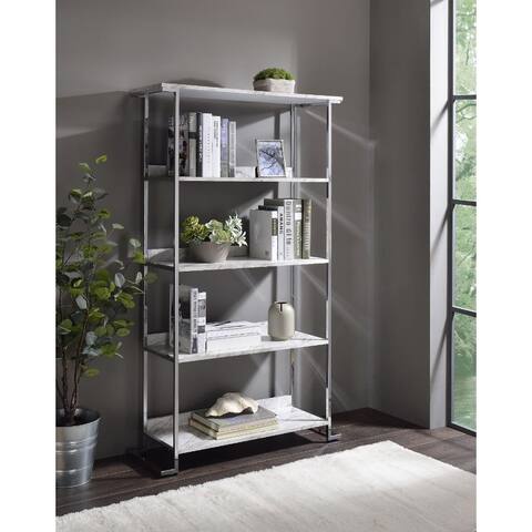 Visage Bookcase with 5 Tier Shelf, White Printed Faux Marble & Chrome