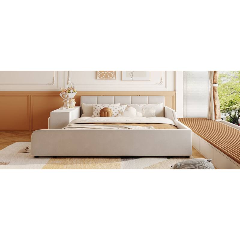 Roomfitters Full/Queen Size Upholstered Grounded Platform Bed with Bedside Desk and Round Stool, Velvet Fabric Bed Frame