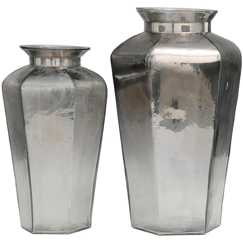 Glass Geometric Hexagon Vase - Set of 2 Gray - Roche River Decor - 7"W x 8"L x 13"H