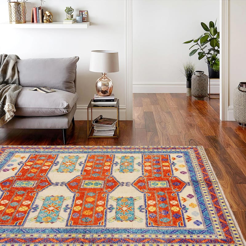 Rustic Balochi Sparks Beige/Orange Hand Knotted Wool Rug - 5'8'' x 7'7''