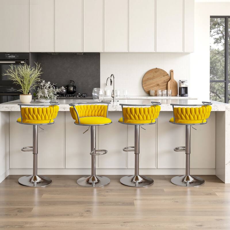 4 Set Modern Velvet Adjustable Swivel Bar Stools with Metal Frame - Silver/Yellow