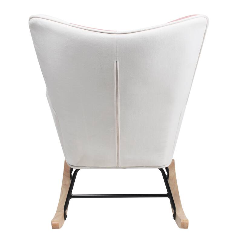 Mid Century Fabric Rocking Chair with Wood Legs and Patchwork Linen for Livingroom Bedroom