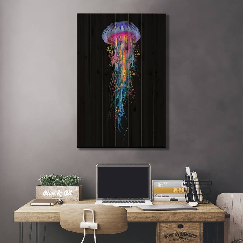 Double Blue Jellyfish Print On Wood by David Loblaw - Multi-Color