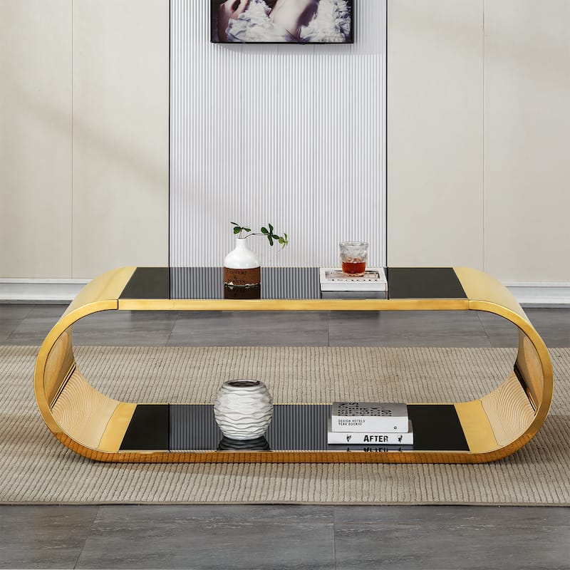 Modern Oval 2-Tier Coffee Table End Table with Gold Stainless Steel Frame, Accent Table Dining Table with Tempered Glass