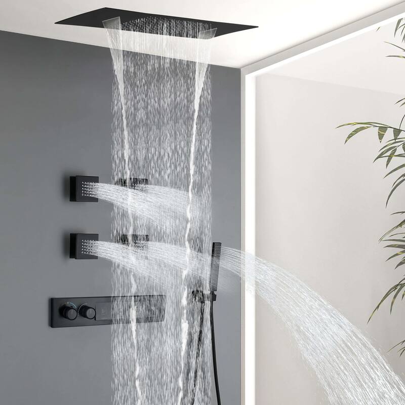NSF Certified Square Rainfall & Waterfall Showerhead with High pressure Handheld, 4 Massage Jets, Thermostatic Cartridge