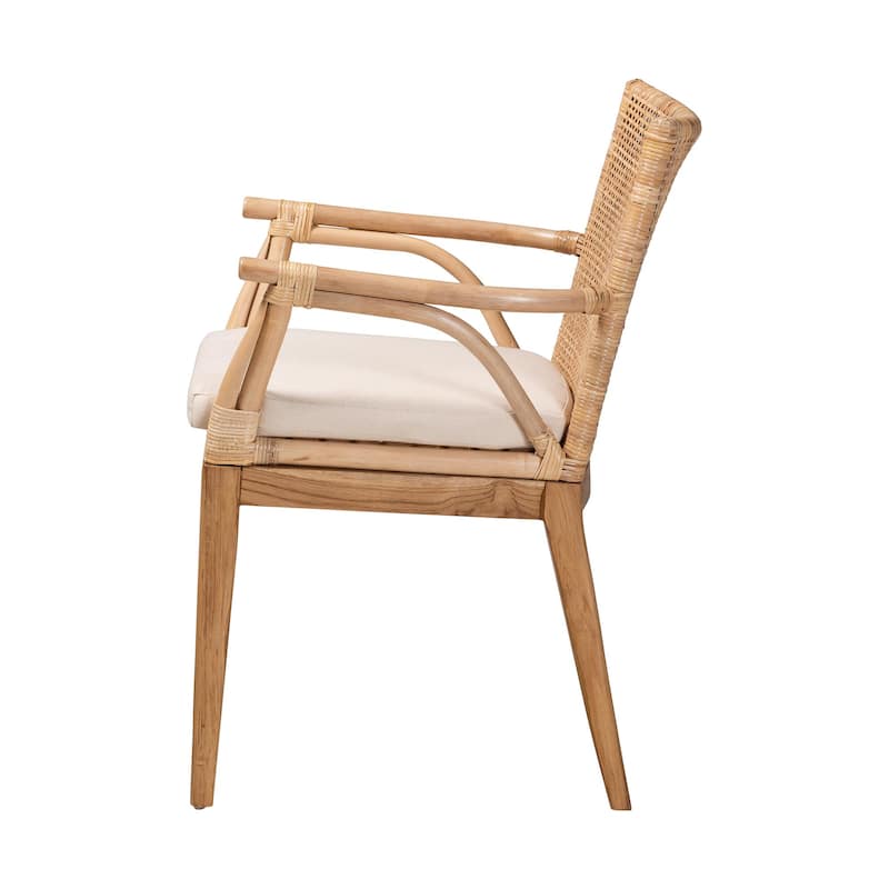 Storsel Modern Bohemian Natural Brown Finished Teak Wood and Rattan Dining Chair with Cream Fabric Cushion