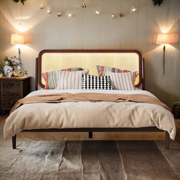 slide 2 of 9, Antique Espresso Queen Size Wood Storage Platform Bed with Rattan LED Headboard Antique Espresso