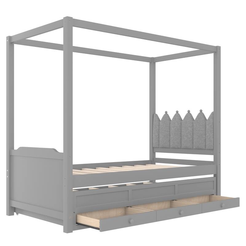 Roomfitters Canopy Bed with Trundle and Drawers, Upholstered Crown Headboard, Solid Wood Frame