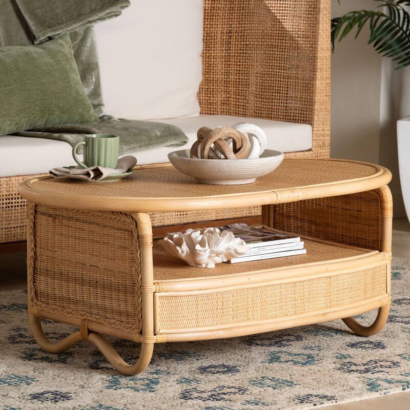 Dyna Natural Rattan Coffee Table with Open Shelf - Handwoven Wicker Accent Table with Oval Tabletop and Braided Weavings